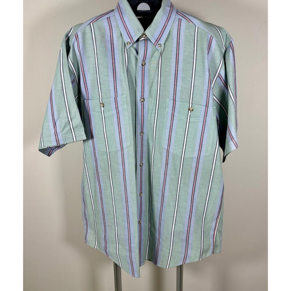 Vintage 90's Eddie Bauer Short Sleeve Green & Blue Striped Button Down Men's M